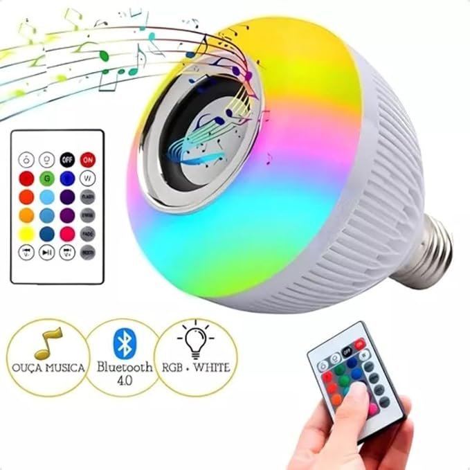 Lâmpada LED Bulbo 6W RGBW Bluetooth com Música MP3 e Controle Remoto